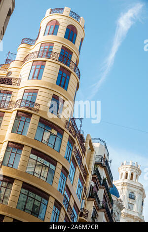 Valencia Spain,Ciutat Vella,old city,historic district,Carrer de Sant Vicent Martir,high rise building,residential apartments,round tower,ES190830134 Stock Photo