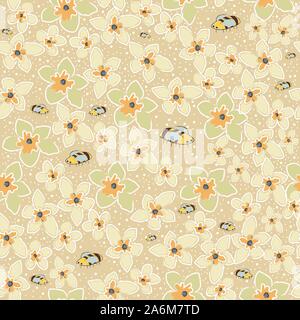 Bees on Flowers. Seamless Hand Drawn Delicate Design. Scandinavian Style. Vector Illustration. Stock Vector