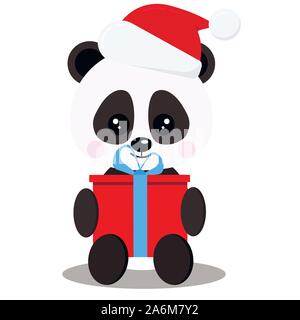 Cute character panda bear in sitting pose with red gift in Santa Claus red christmas hat isolated on white background. Stock Vector