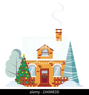 Winter rural farm brick house with fence and chimney decorated garland and wreath, spruces, christmas tree in flat style. Stock Vector