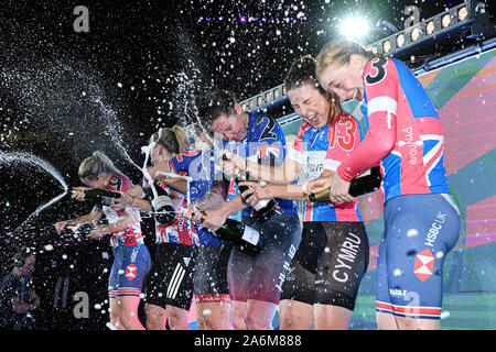 London, UK. 27th Oct, 2019. Katie Archibald of Great Britain (centre) celebrates of winning the Women 10K Scratch Race during Day 6 of Six Day London 2019 at Lee Valley VeloPark on Sunday, October 27, 2019 in LONDON, UNITED KINGDOM. Credit: Taka Wu/Alamy Live News Stock Photo