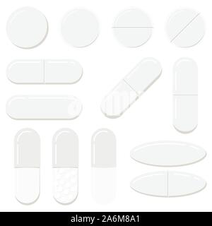 Pills and capsules templates set isolated on white background. White different forms medicine tablets drugs collection. Stock Vector