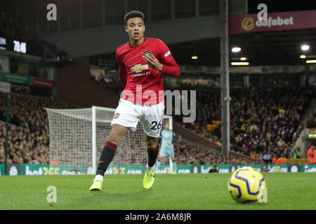 Norwich, UK. 26th Oct, 2019. Mason Greenwood of Manchester United during the Premier League match between Norwich City and Manchester United at Carrow Road on October 27th 2019 in Norwich, England. (Photo by Matt Bradshaw/phcimages.com) Credit: PHC Images/Alamy Live News Stock Photo