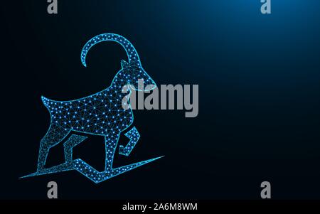 Powerful mountain goat low poly design, animal abstract geometric image, ibex wireframe mesh polygonal vector illustration made from points and lines Stock Vector