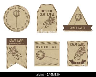 Craft labels vintage design with illustration of lollipop, lollipop stock illustration Stock Vector