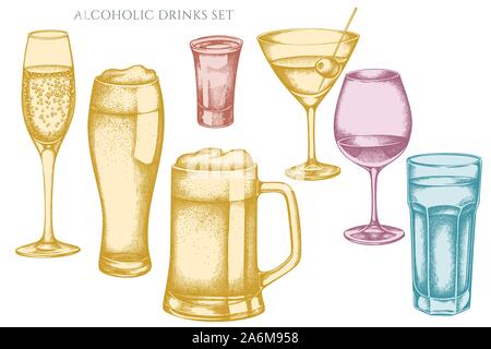 Vector set of hand drawn pastel glass, mug of beer, alcohol shot, glass of champagne, glass of wine, glass of martini stock illustration Stock Vector