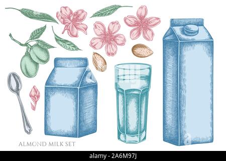 Vector set of hand drawn pastel almond, glass, milk boxes, teaspoon stock illustration Stock Vector