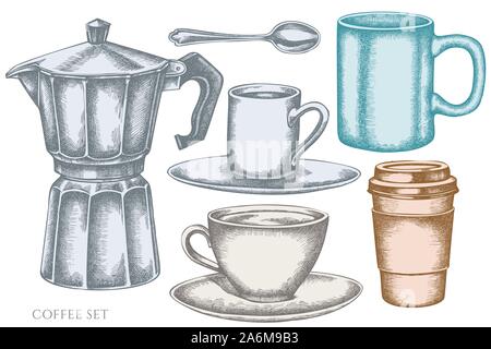 Vector set of hand drawn pastel coffee cups, teaspoon, paper cup, espresso cup, coffee pot, cups stock illustration Stock Vector