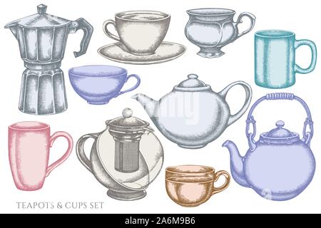 Vector set of hand drawn pastel coffee cups, teapots, coffee pot, cups stock illustration Stock Vector