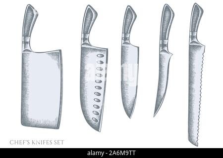 Vector set of hand drawn pastel Chef's knifes stock illustration Stock Vector