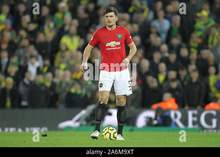 Norwich, UK. 26th Oct, 2019. Harry Maguire of Manchester United during the Premier League match between Norwich City and Manchester United at Carrow Road on October 27th 2019 in Norwich, England. (Photo by Matt Bradshaw/phcimages.com) Credit: PHC Images/Alamy Live News Stock Photo