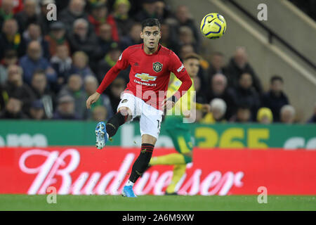 Norwich, UK. 26th Oct, 2019. Andreas Pereira of Manchester United during the Premier League match between Norwich City and Manchester United at Carrow Road on October 27th 2019 in Norwich, England. (Photo by Matt Bradshaw/phcimages.com) Credit: PHC Images/Alamy Live News Stock Photo