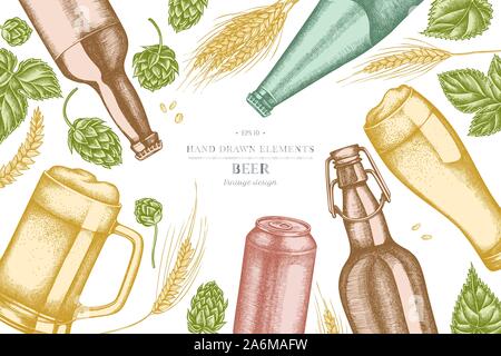 Design with pastel rye, hop, mug of beer, bottles of beer, aluminum can stock illustration Stock Vector