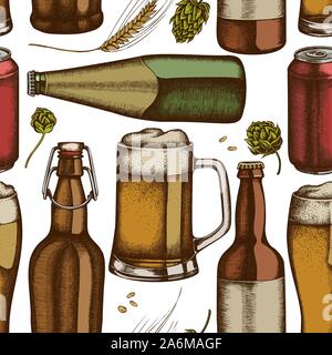 Seamless pattern with hand drawn colored rye, hop, mug of beer, bottles of beer, aluminum can stock illustration Stock Vector