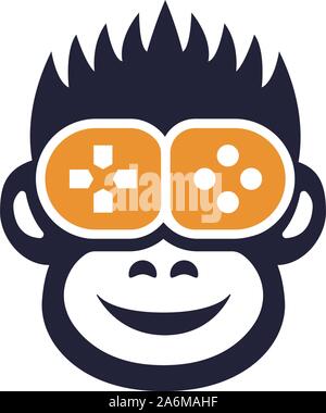 Happy monkey gamer flat icon, animal player and game joystick vector illustration isolated on white background Stock Vector