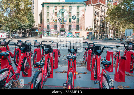 Barcelona Spain,Catalonia Eixample,Sant Antoni,La Carboneria,former coal factory,street corner,historic building,mural,graffiti,bicing,city bicycle sh Stock Photo