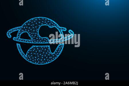 Planet poly design, Earth orbit abstract geometric image, space wireframe mesh polygonal vector illustration made from points and lines on dark blue b Stock Vector