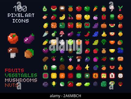 Pixel art vector game design icon video game interface set. Fruits, vegetables, mushrooms, nuts. Isolated retro arcade game design Stock Vector
