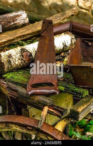 Old discarded things. Rusty hacksaw and bread baking dish. Stock Photo