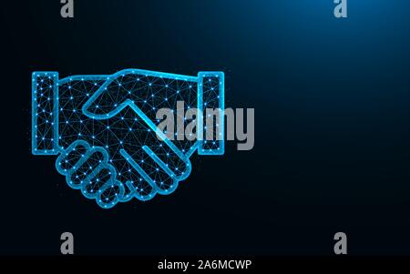Handshake low poly design, agreement abstract geometric image, business deal wireframe mesh polygonal vector illustration made from points and lines o Stock Vector