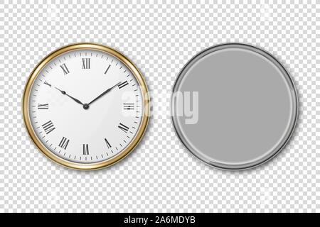Vector 3d Realistic Metal Golden and Silver Wall Office Clock Icon Set Closeup Isolated on Transparent Background. Design Template for Mockup. Front Stock Vector