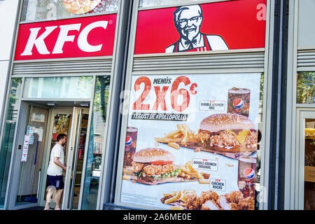 Barcelona Spain,Catalonia Plaza de Francesc Macia,KFC,Kentucky Fried Chicken, restaurant,fast food,fried chicken,special combo menu,entrance,man,ES190 Stock Photo