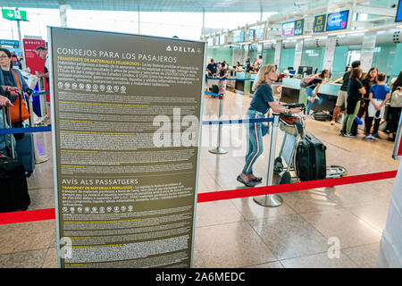 Barcelona Spain,Catalonia Barcelona-El Prat Josep Tarradellas Airport BCN,terminal T1,Delta Airlines,check-in line,inside,passenger information advice Stock Photo