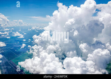 Fort Ft. Lauderdale Florida,window seat,aerial view,Everglades Wildlife Management Area,cumulus clouds,FL190819050 Stock Photo