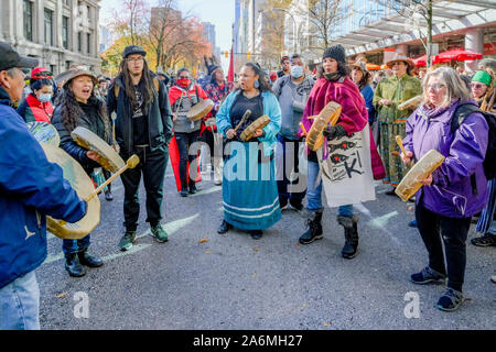 Indigenous activists drum circle at Climate Strike with Greta Thunberg, Vancouver, British Columbia, Canada Stock Photo