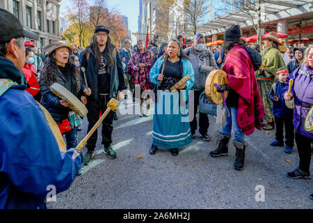 Indigenous activists drum circle at Climate Strike with Greta Thunberg, Vancouver, British Columbia, Canada Stock Photo