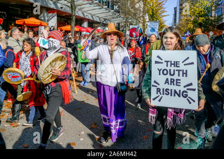 Indigenous activists at Climate Strike, Vancouver, British Columbia, Canada Stock Photo