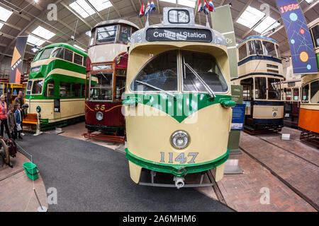 The Great Exhibition Hall, The National Tramway Museum at Crich Tramway Village, Crich, Derbyshire Stock Photo