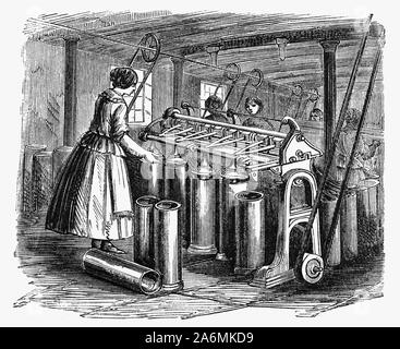 The drawing frame or spinning frame, is a machine for drawing, twisting, and winding yarn. Invented in the 1730s by Lewis Paul and John Wyatt, the spinning machine operated by drawing cotton or wool through pairs of successively faster rollers. It was eventually superseded by R. Arkwright’s water frame. Stock Photo