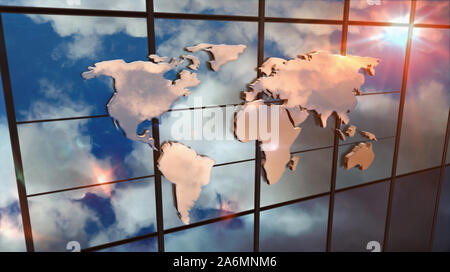 World Map sign on glass skyscraper. Sky and sun rays mirrored in building facade. Globalization, business, market, trade and finance concept in 3D ren Stock Photo