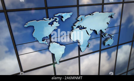 World Map sign glass building. Mirrored sky and city on modern facade. Globalization, business, market, trade and finance concept in 3D rendering illu Stock Photo
