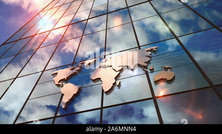 World Map sign on glass skyscraper. Sky and sun rays mirrored in building facade. Globalization, business, market, trade and finance concept in 3D ren Stock Photo
