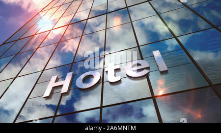 Hotel sign on glass skyscraper. Sky and sun rays mirrored in modern building facade. Travel and tourism concept in 3D rendering illustration. Stock Photo
