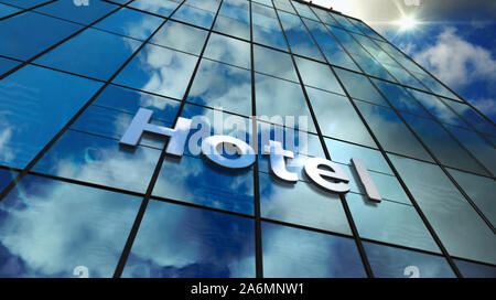 Hotel sign on glass skyscraper. Sky and sun rays mirrored in modern building facade. Travel and tourism concept in 3D rendering illustration. Stock Photo