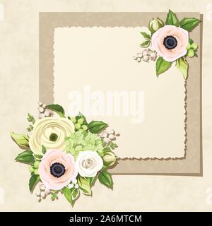 Vector greeting card with white and green roses, anemones, ranunculus, hydrangea and lily-of-the-valley flowers and leaves on a parchment background. Stock Vector