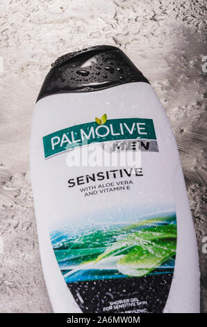 Palmolive shower gel isolated on gradient background produced by american Colgate-Palmolive Company founded in 1806. Stock Photo