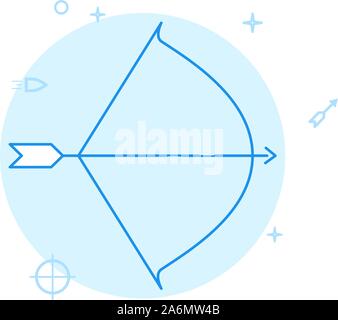 Pulled bow and arrow vector icon. Flat illustration. Filled line style. Blue monochrome design. Editable stroke. Adjust line weight. Stock Vector