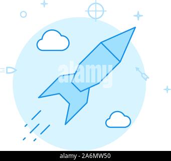 Ballistic missile, rocket flight vector icon. Flat illustration. Filled line style. Blue monochrome design. Editable stroke. Adjust line weight. Stock Vector