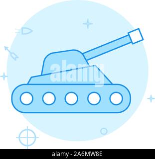 Tank, self-propelled gun vector icon. Flat illustration. Filled line style. Blue monochrome design. Editable stroke. Adjust line weight. Stock Vector