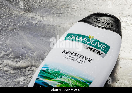 Palmolive shower gel isolated on gradient background produced by american Colgate-Palmolive Company founded in 1806. Stock Photo