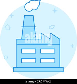 Plant, factory with smoking chimney vector icon. Flat illustration. Filled line style. Blue monochrome design. Editable stroke. Adjust line weight. Stock Vector