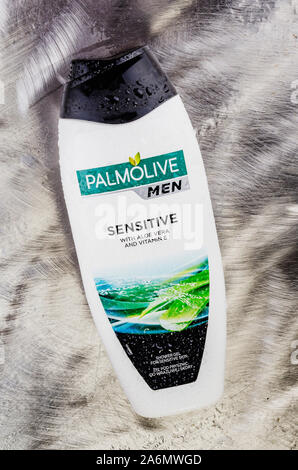 Palmolive shower gel isolated on gradient background produced by american Colgate-Palmolive Company founded in 1806. Stock Photo