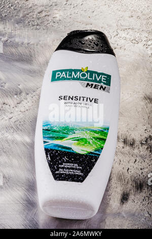 Palmolive shower gel isolated on gradient background produced by american Colgate-Palmolive Company founded in 1806. Stock Photo