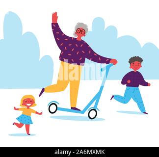 Grandmother rides a scooter with her grandchildren Stock Vector