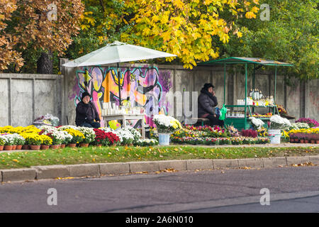 Flowers and candles trade at the entrance to the cemetery near the fence before All Saints' Day in Vilnius, Lithuania. Stock Photo