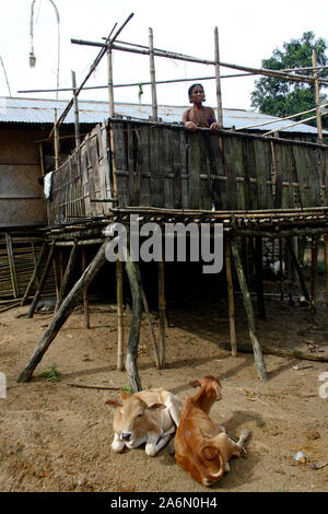 An elderly woman from the ethnic Murong (also Mro or Mru) community, at her home, in Lama, Bandarban, Bangladesh. July 29, 2010. Stock Photo